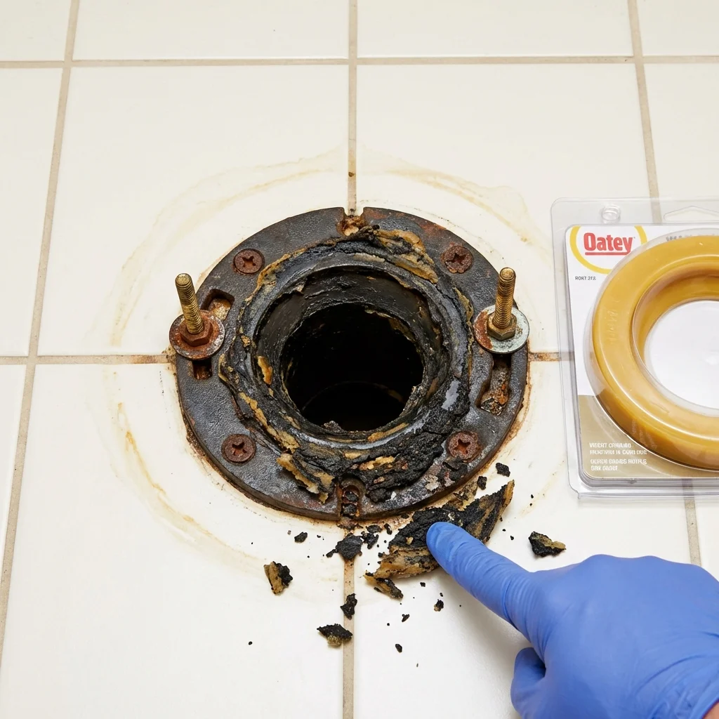 Failed wax ring showing water seepage at the base of a toilet in a Beaumont, TX home