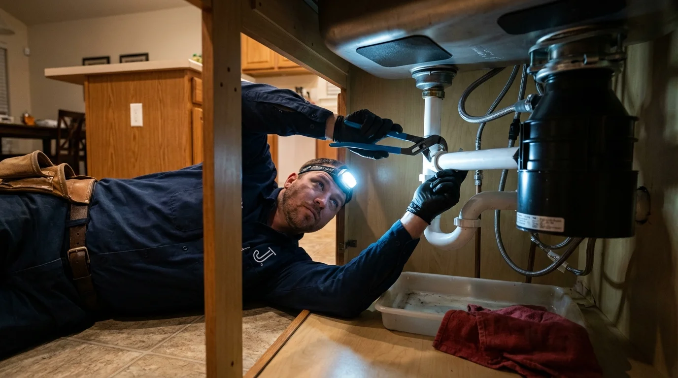 P-trap and supply line connections under a kitchen sink showing a common leak point in Beaumont, TX